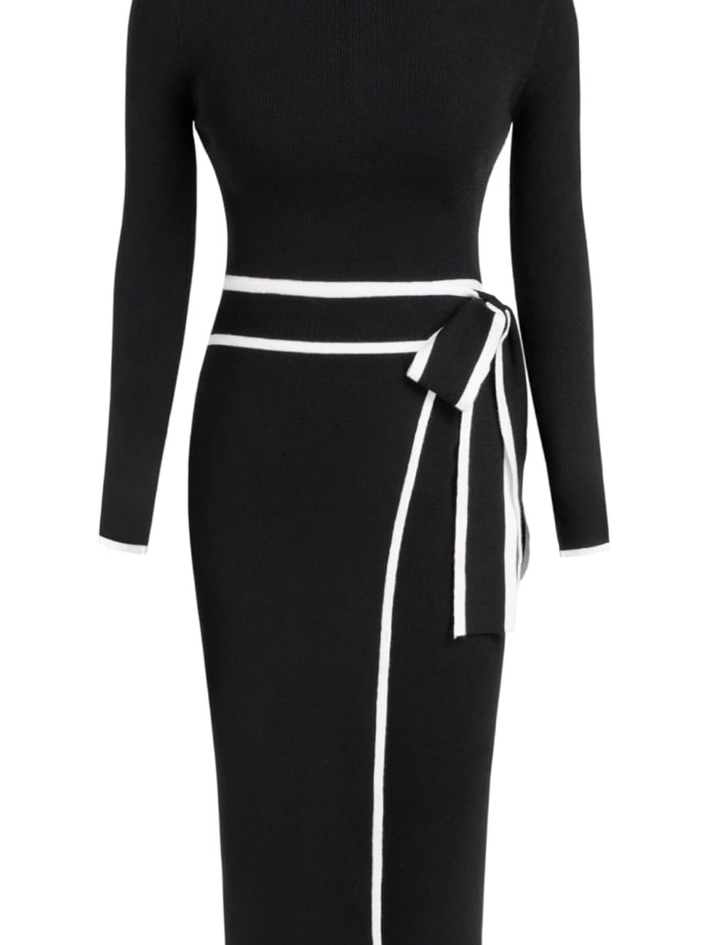 Cider Black Knit Long-Sleeve Wrap Midi Dress with White Trim